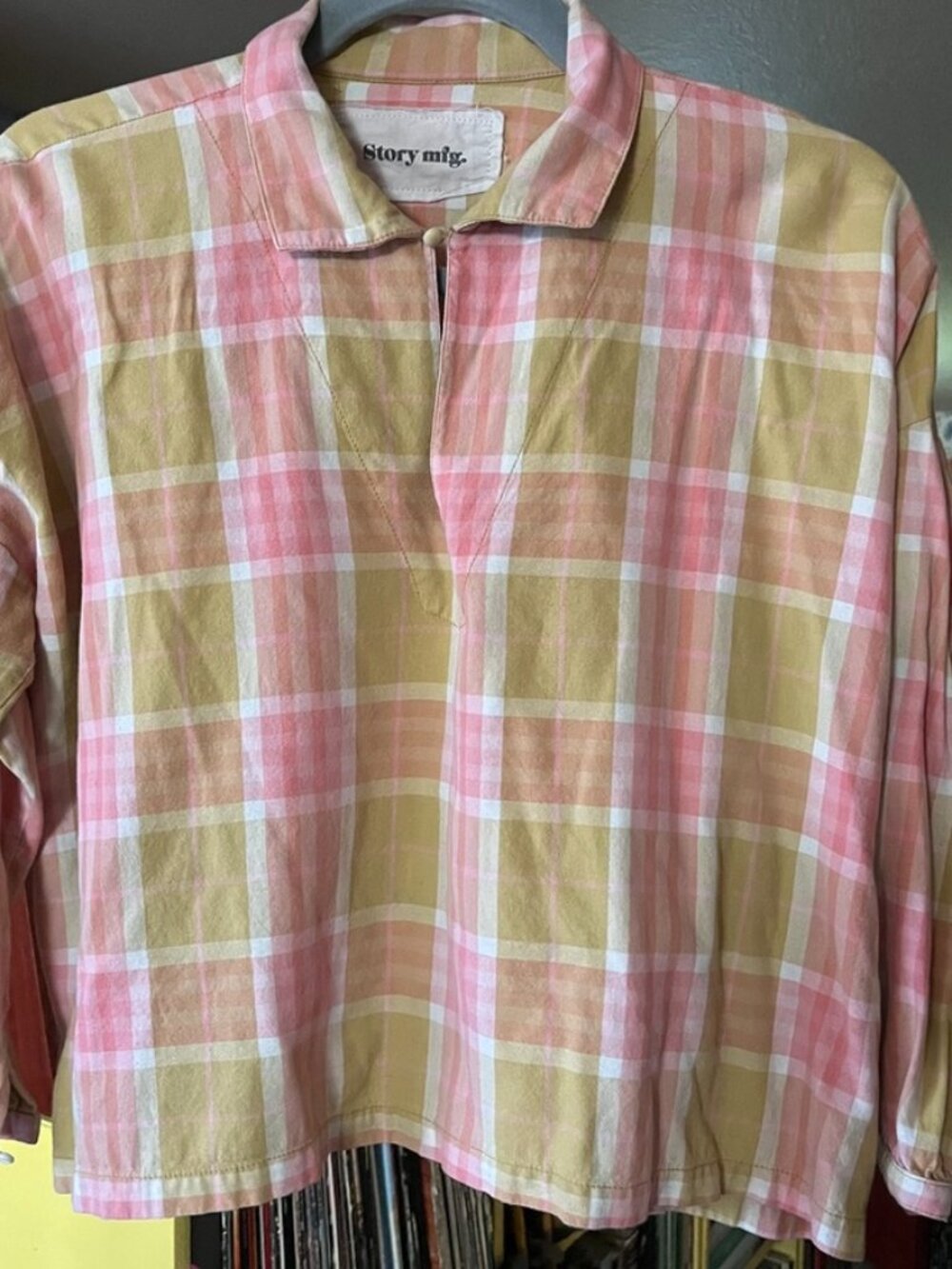 Story MFG Small Plaid Popover GUC 100% Cotton (missing sleeve button)